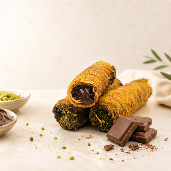 Çikolatalı ve Antep fıstıklı kadayıf rulo tatlısı