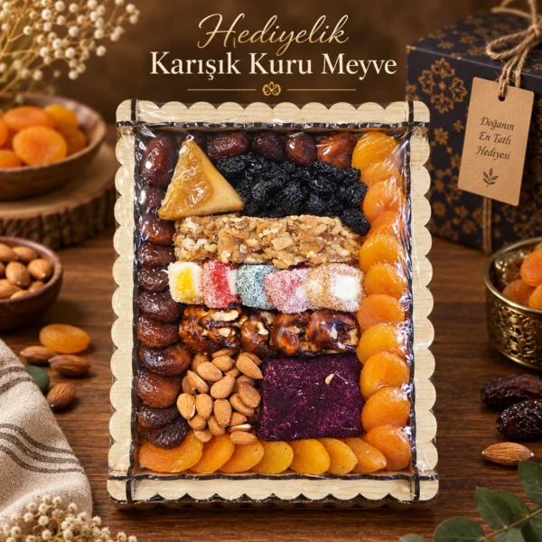 Kayısı hurma badem ve lokumlu hediyelik karışık kuru meyve tepsisi Hediyelik Karışık Kuru Meyve