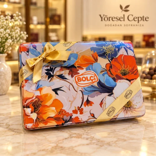 bolci-cicek-desenli-hediyelik-cikolata-kutusu Bolçi Teneke Hediyelik Çikolata - Yöresel Cepte