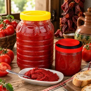 Domateslerin yanında iki kavanoz domates salçası ve servis tabağında salça